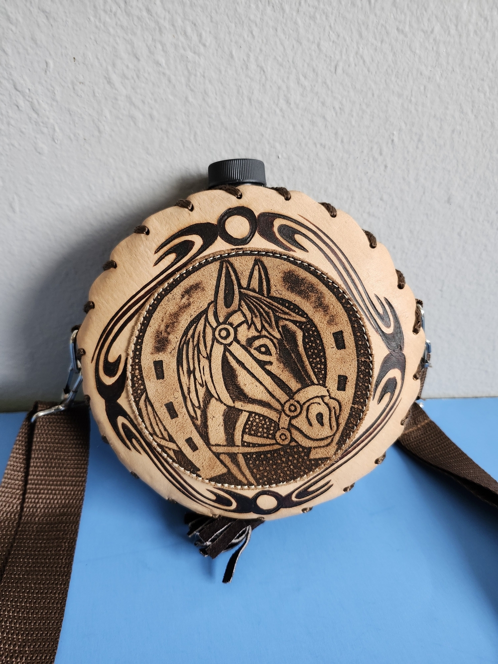Vintage Tooled Leather Covered Water Canteen Horse Cowboy Western Crossbody